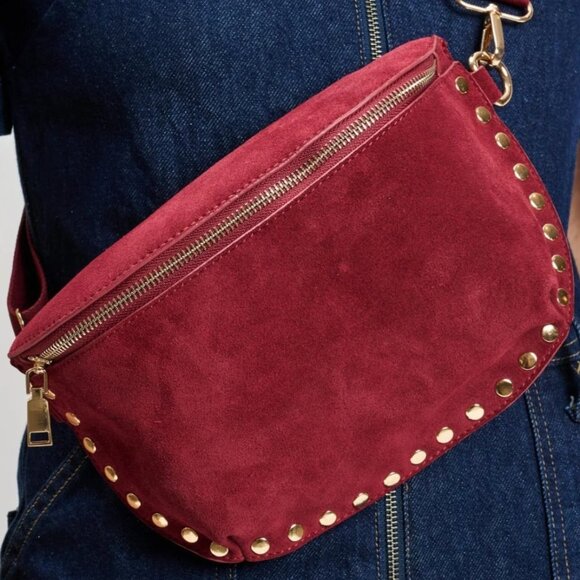 NWT Wine Burgundy Suede Studded Crossbody Sling Bag Genuine Leather Belt Bag - Picture 3 of 5